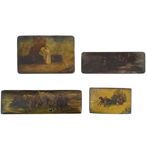 242 - A group of four Russian lacquer boxes. 19th century, three painted with Troika scenes, the other wit... 