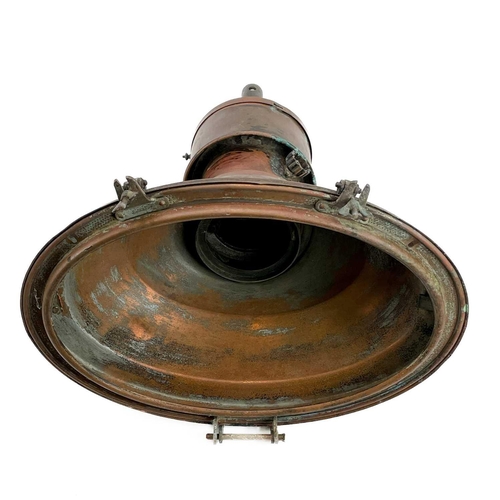 249 - A pair of copper industrial ceiling lamp pendants. Height 50cm.