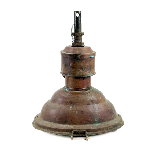 249 - A pair of copper industrial ceiling lamp pendants. Height 50cm.