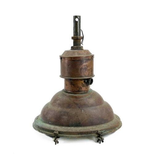 249 - A pair of copper industrial ceiling lamp pendants. Height 50cm.