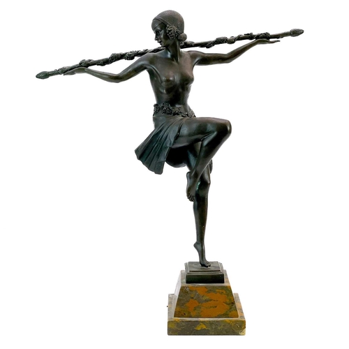 255 - After Le Faguays, an Art Deco style figure. ‘Dancer with Thyrsus’, on a tapered marble base, height ... 