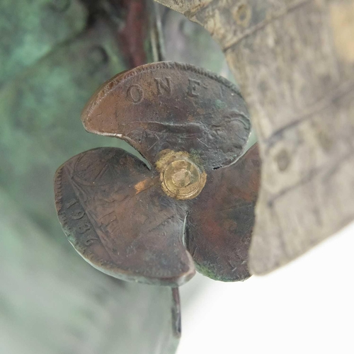 286 - Michael Johnson Newlyn Copper Works. A copper 'NEWLYNEWLYN PZ36' fishing trawler on a bronze wave sc... 