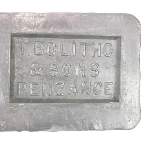 292 - A tin ingot stamped Bolitho & Sons, Penzance. Also stamped Chyandour below a lamb and flag, 40.5X13c... 