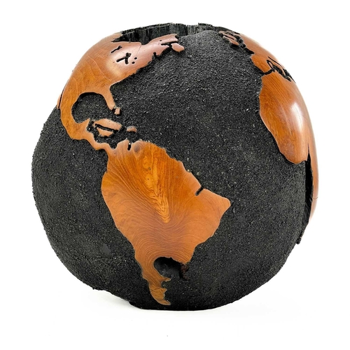 296 - Hugo Belgen Globe. Teak and volcanic sand. Diameter 30cm.