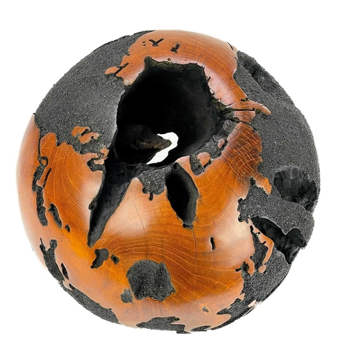 296 - Hugo Belgen Globe. Teak and volcanic sand. Diameter 30cm.