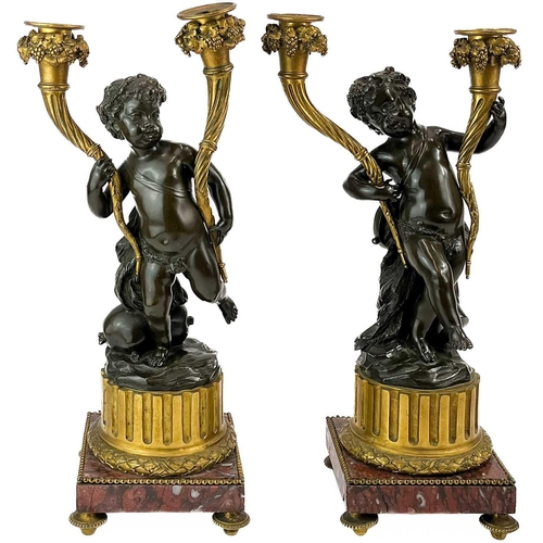 3 - A pair of French bronze and ormolu figural candelabra, after Clodion. 19th century, modelled as two ... 