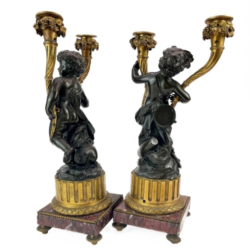 3 - A pair of French bronze and ormolu figural candelabra, after Clodion. 19th century, modelled as two ... 