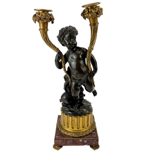 3 - A pair of French bronze and ormolu figural candelabra, after Clodion. 19th century, modelled as two ... 