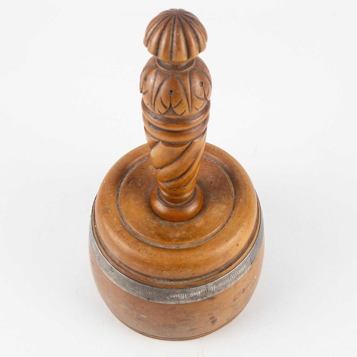 318 - A Victorian silver mounted treen presentation mallet. Carved with the Fowke family crest and the mot... 