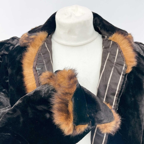 336 - A velvet fur trimmed jacket. Together with a stole and a fur coat.