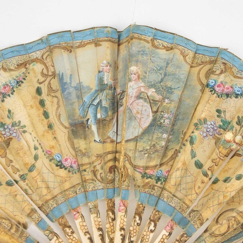 341 - An Italian tortoiseshell fan. 19th century, the gauze leaf with a painted panel of a lady at an embr... 