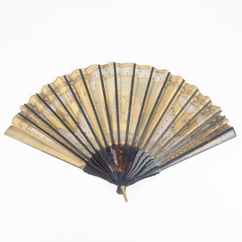 341 - An Italian tortoiseshell fan. 19th century, the gauze leaf with a painted panel of a lady at an embr... 