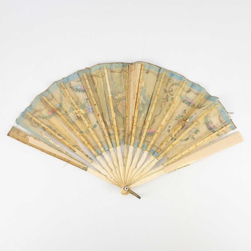 341 - An Italian tortoiseshell fan. 19th century, the gauze leaf with a painted panel of a lady at an embr... 