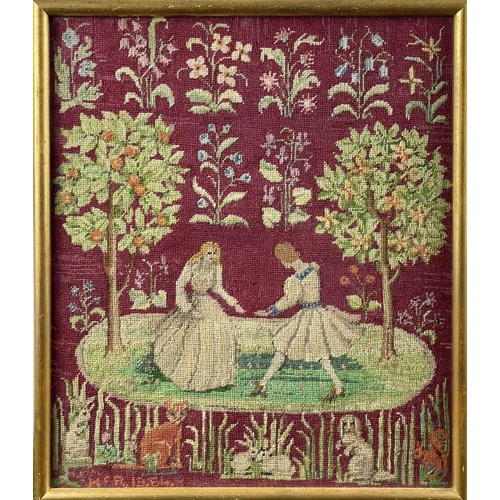 343 - A 20th century needlepoint of a Lion and Unicorn in a garden landscape. 43.5cm x 32.5cm, together wi... 