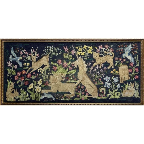 343 - A 20th century needlepoint of a Lion and Unicorn in a garden landscape. 43.5cm x 32.5cm, together wi... 