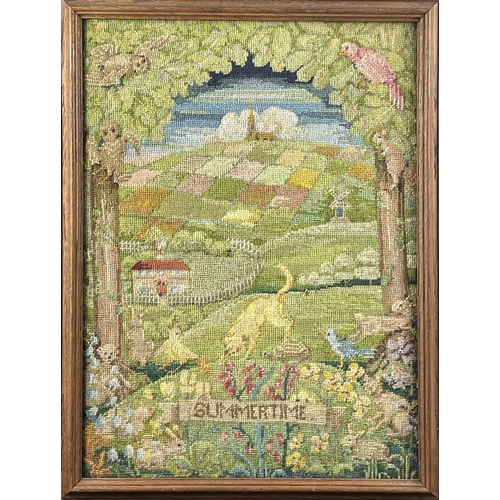 343 - A 20th century needlepoint of a Lion and Unicorn in a garden landscape. 43.5cm x 32.5cm, together wi... 