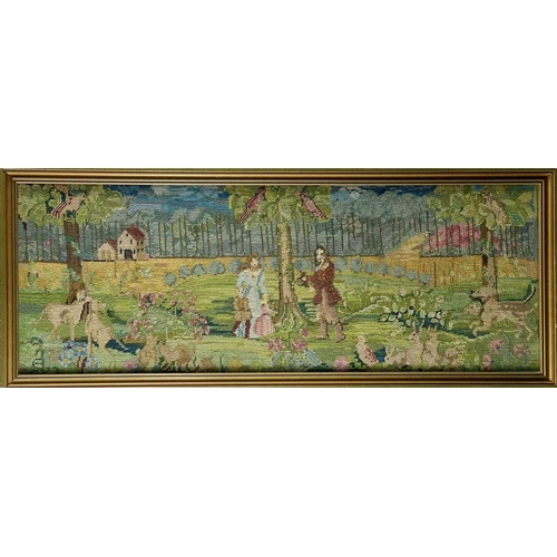 343 - A 20th century needlepoint of a Lion and Unicorn in a garden landscape. 43.5cm x 32.5cm, together wi... 