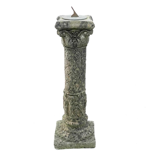 345 - A brass sundial on a reconstituted stone column. Height 82cm together with a tall terracotta chimney... 