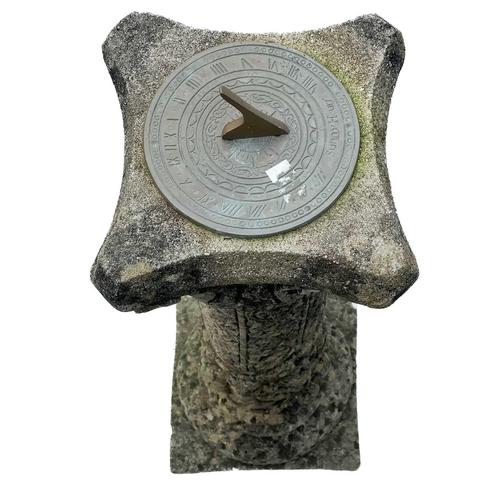 345 - A brass sundial on a reconstituted stone column. Height 82cm together with a tall terracotta chimney... 