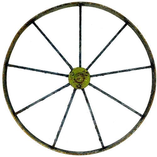 346 - A late wrought iron implement/cart wheel. Diameter 106cm.