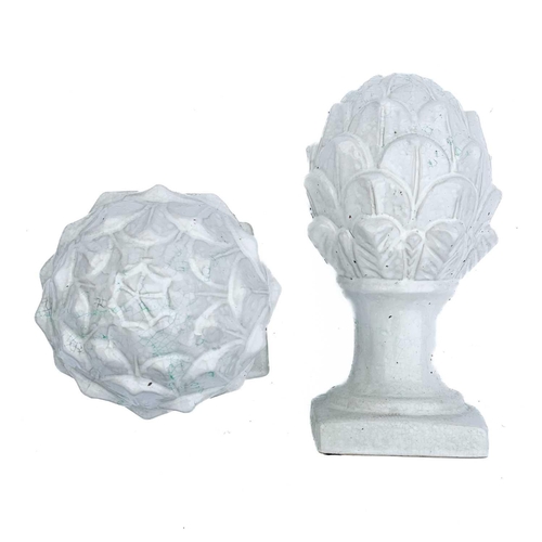 348 - A pair of white ceramic cones of naturalistic form. Together with a pair of reconstituted stone cone... 