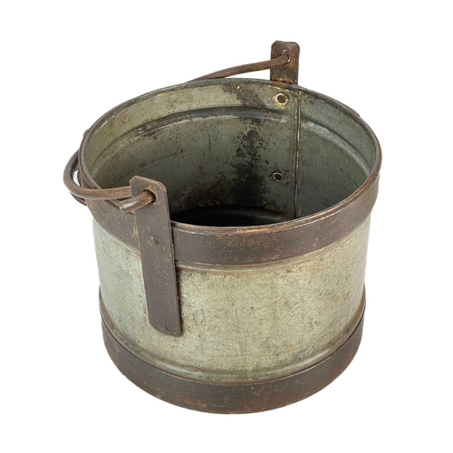 354 - A galvanised and wrought iron bound well bucket. The swing handle with two hooks, diameter 34.5cm.