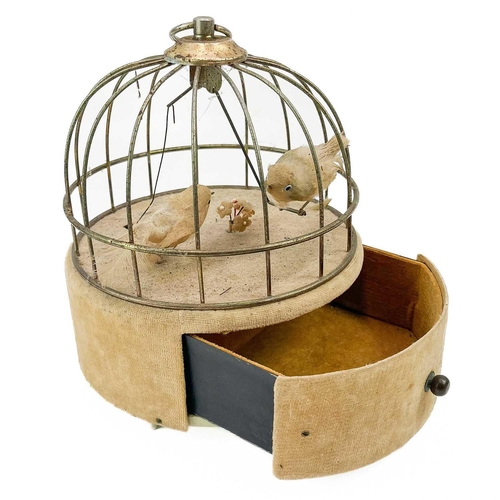 36 - A mid century automaton musical jewellery box. With two birds in a domed cage, the single drawer whe... 