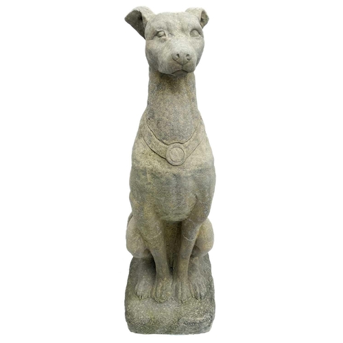 364 - A pair of reconstituted stone Whippets. Height 76cm, depth 27cm, width 25cm.