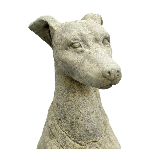 364 - A pair of reconstituted stone Whippets. Height 76cm, depth 27cm, width 25cm.