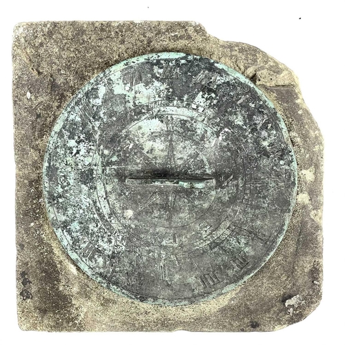 365 - A bronze sundial on a sandstone plinth. The 20.2cm diameter dial signed J Hawley and dated 1794, hei... 