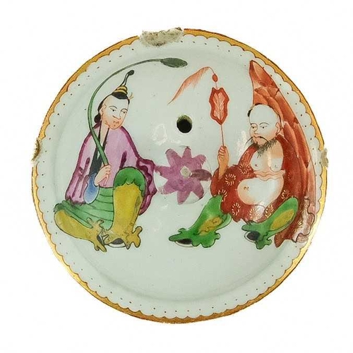 404 - A Worcester porcelain teapot and cover. Circa 1770, polychrome painted with a seated Buddhist monk a... 