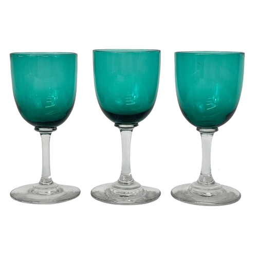 432 - A set of six Victorian green bowled wine glasses. Height 13cm, together with a Nailsea type glass ro... 