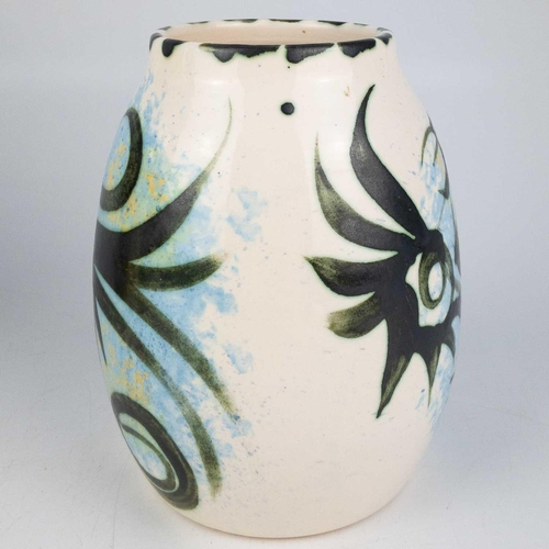 442 - Two Celtic Newlyn pottery cylindrical vases. Each painted with stylised birds, one with a label, hei... 