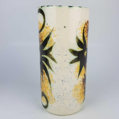 442 - Two Celtic Newlyn pottery cylindrical vases. Each painted with stylised birds, one with a label, hei... 