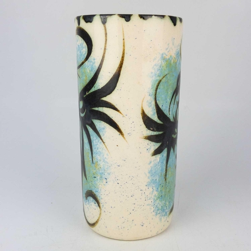 442 - Two Celtic Newlyn pottery cylindrical vases. Each painted with stylised birds, one with a label, hei... 