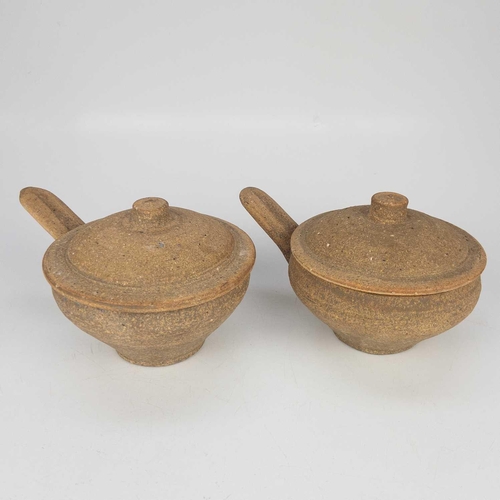 443 - Two Leach standard ware pottery soup bowls and covers. With side handles and glazed interiors, width... 