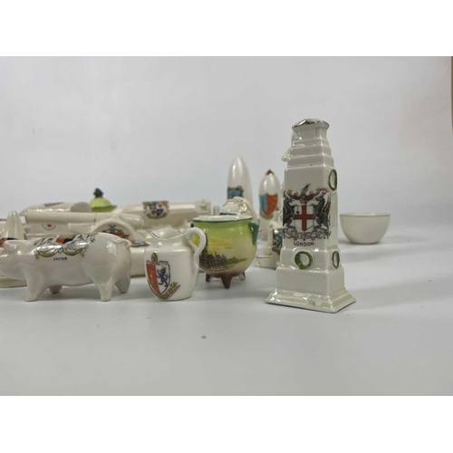 445 - A box of crested china. Including a Swan China airship, a Waterfall China E5 submarine, Arcadian tor... 