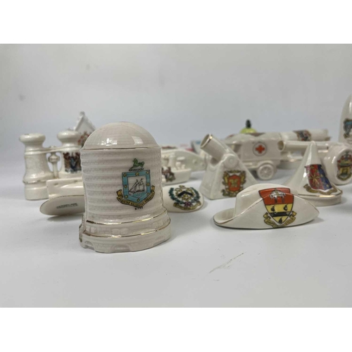 445 - A box of crested china. Including a Swan China airship, a Waterfall China E5 submarine, Arcadian tor... 