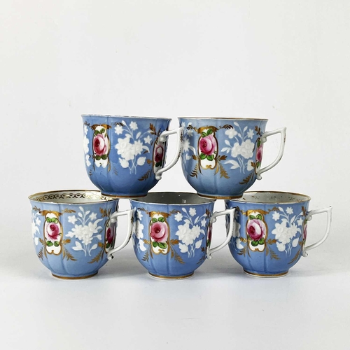 447 - A Caughley blue and white tea cup and other teaware. The former circa 1790, painted with floral spri... 