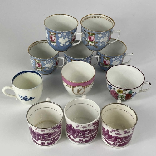 447 - A Caughley blue and white tea cup and other teaware. The former circa 1790, painted with floral spri... 