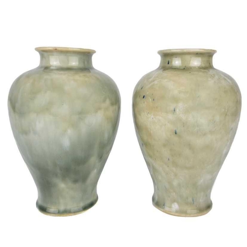 472 - A near pair of Royal Doulton stoneware baluster vases With mottled green glazes, height 19cm, togeth... 