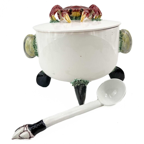 473 - A Portuguese Casa Pupo soup tureen, cover and ladle. In the Pallisy style, with crab finial, clam ha... 