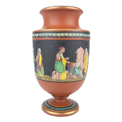 489 - A Victorian Prattware terracotta urn. Printed and coloured with an Eastern scene, height 15.5cm, tog... 