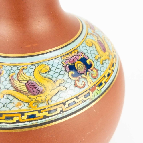 489 - A Victorian Prattware terracotta urn. Printed and coloured with an Eastern scene, height 15.5cm, tog... 