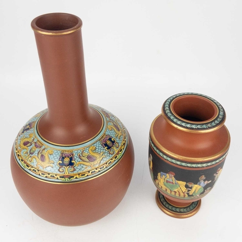 489 - A Victorian Prattware terracotta urn. Printed and coloured with an Eastern scene, height 15.5cm, tog... 