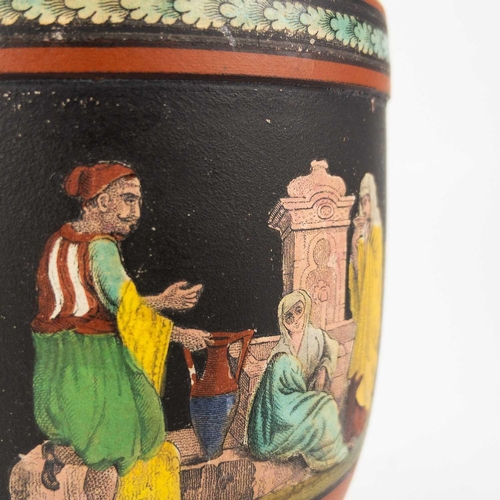 489 - A Victorian Prattware terracotta urn. Printed and coloured with an Eastern scene, height 15.5cm, tog... 