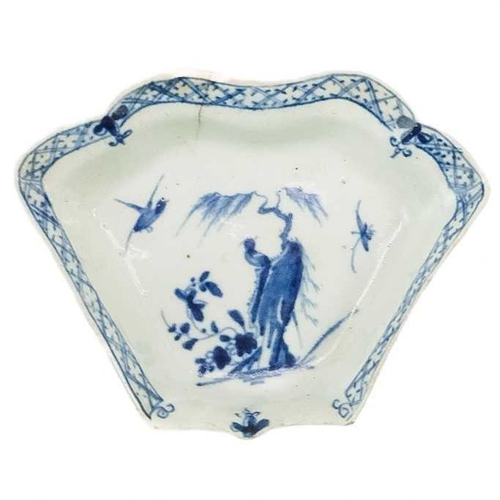 493 - A Worcester blue and white hors d'ouvre dish. Circa 1765, painted in underglaze blue with the willow... 