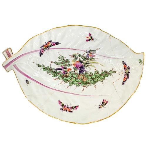 495 - A Worcester leaf shape dish. Circa 1760, polychrome painted with a dishevelled bird and insects, wid... 