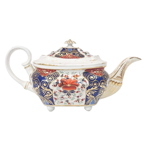 505 - A Bloor Derby circular porcelain teapot and cover. Circa 1820, painted and gilt in the Imari palette... 