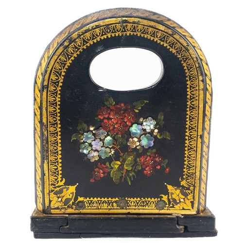 51 - A Victorian papier mache lacquer book slide. Decorated with flowers and inset with mother of pearl, ... 